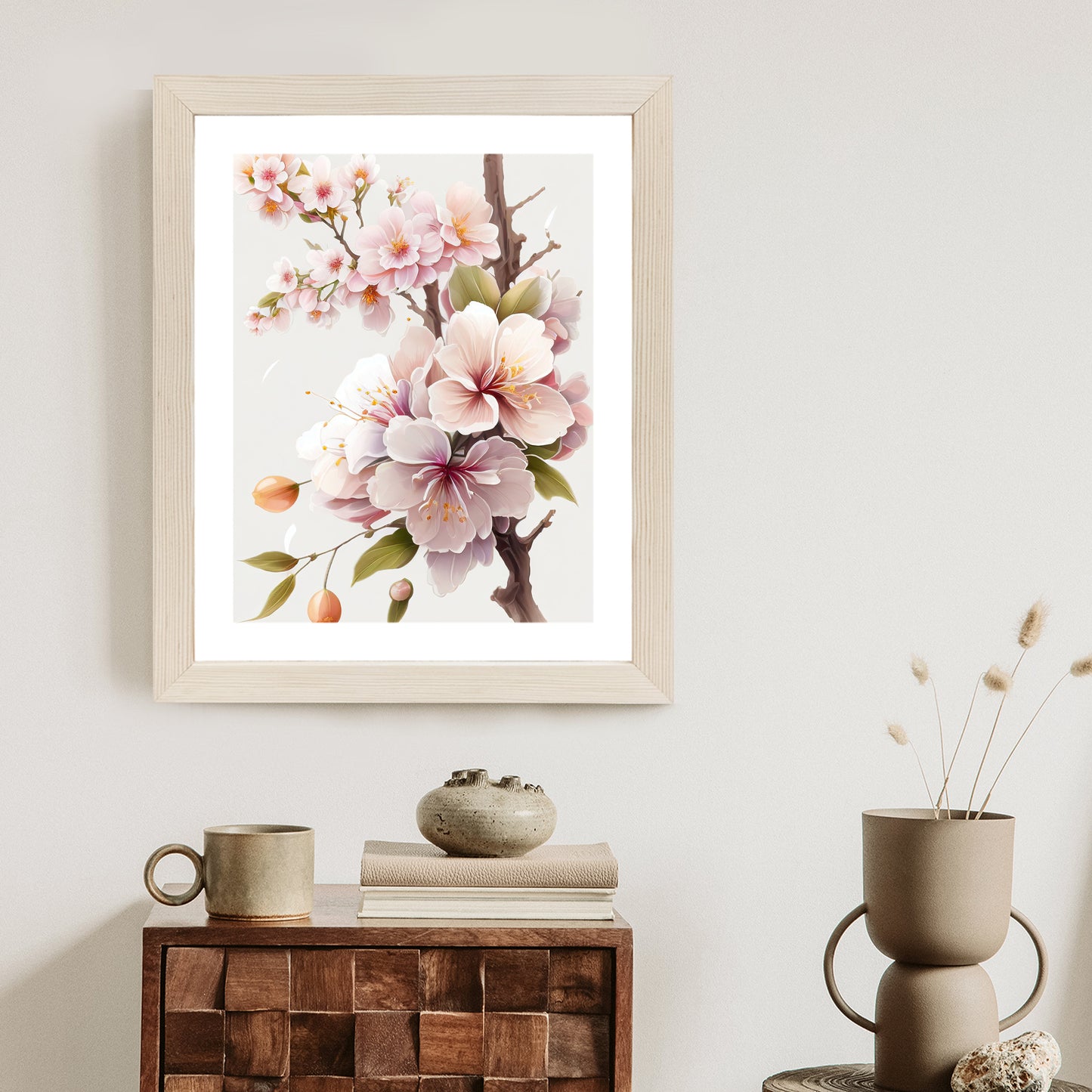 Poster Japanische Weiße Und Rosa Kirschblüten Rahmen Holz Mit Passepartout Farbe Natürlich