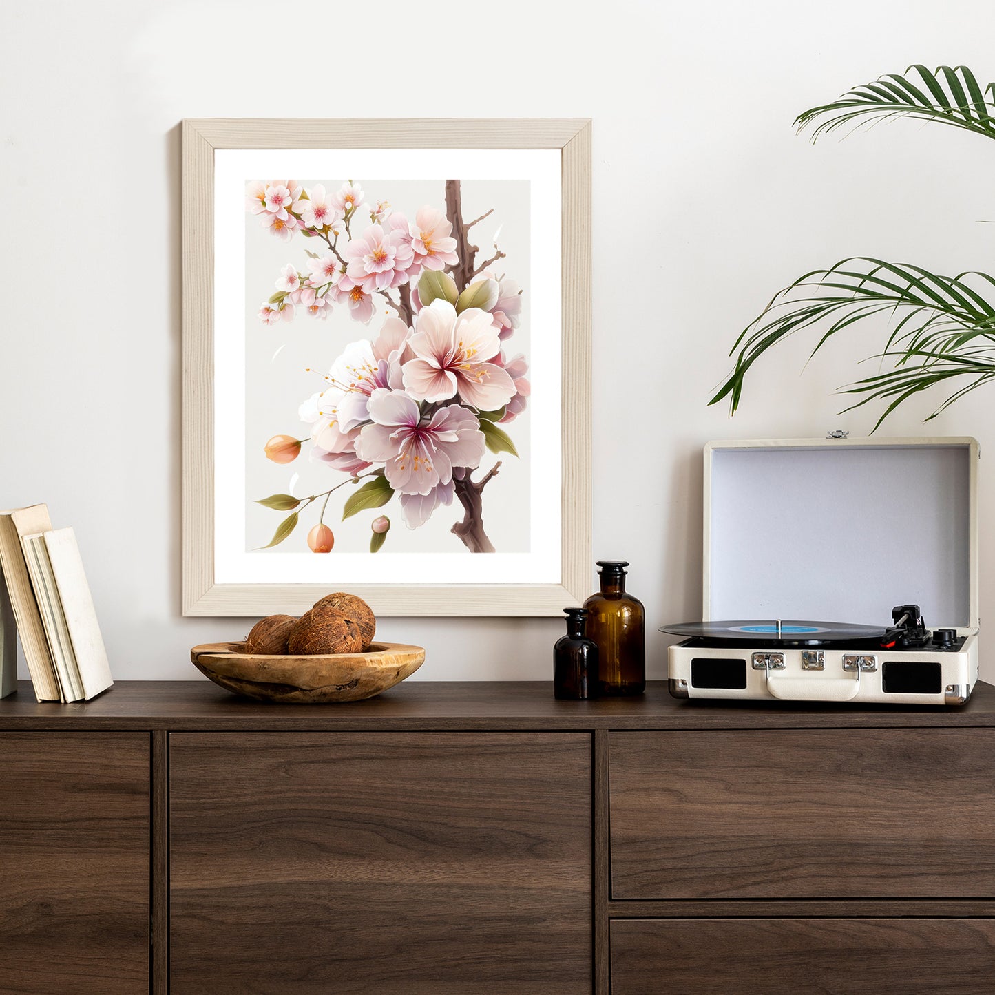 Poster Japanische Weiße Und Rosa Kirschblüten Rahmen Holz Mit Passepartout Farbe Natürlich