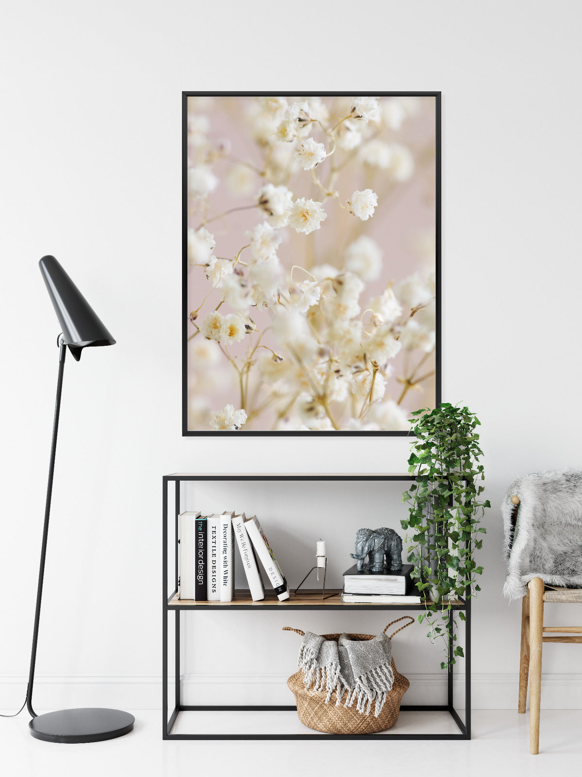 Poster Weiße Kleine Blumen Auf Rosa Hintergrund