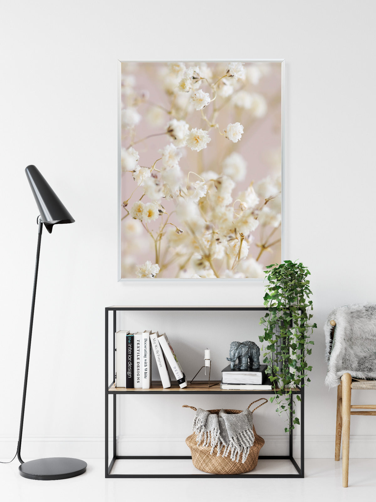 Poster Weiße Kleine Blumen Auf Rosa Hintergrund