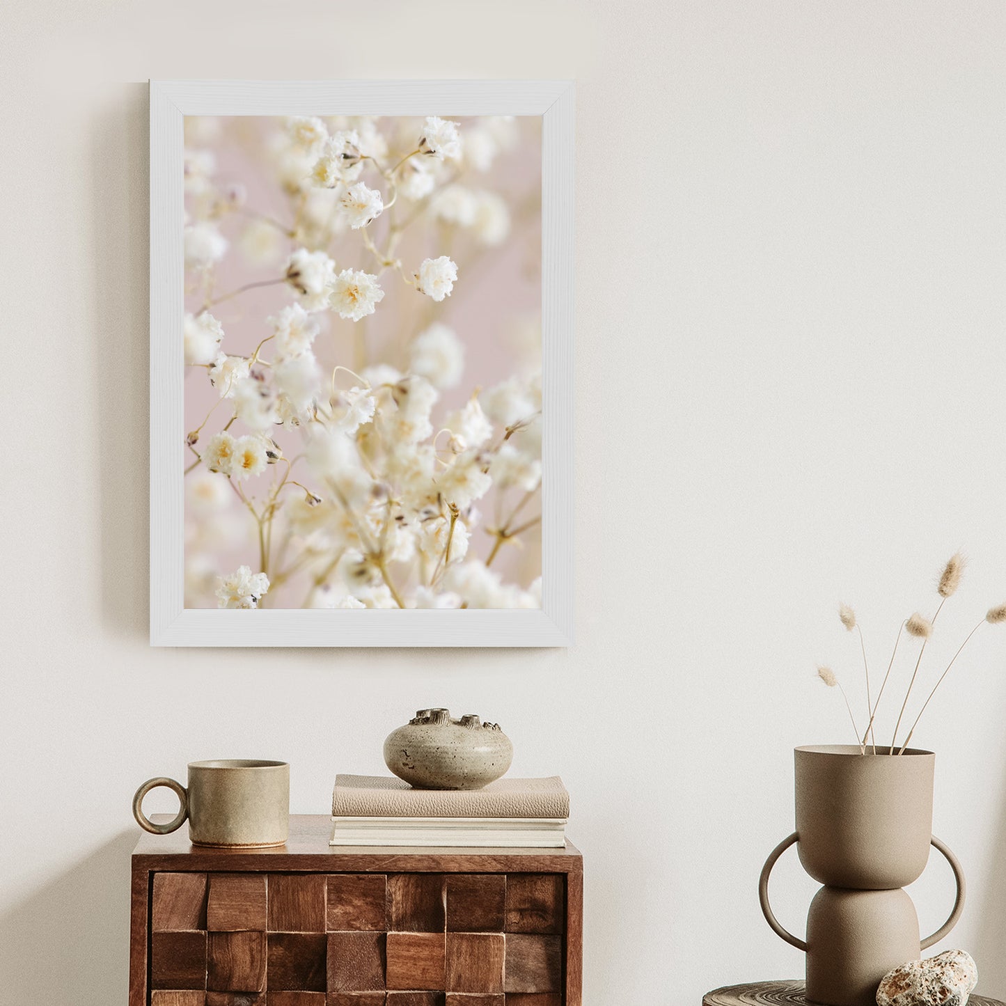 Poster Weiße Kleine Blumen Auf Rosa Hintergrund