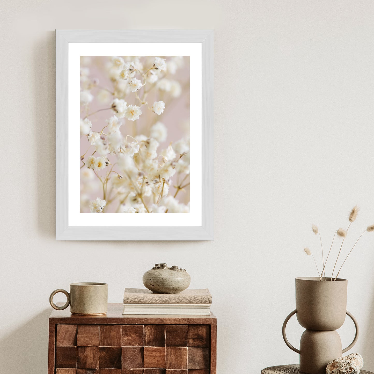 Poster Weiße Kleine Blumen Auf Rosa Hintergrund