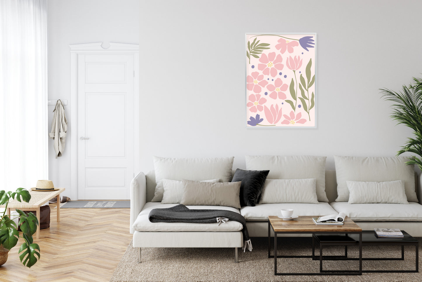 Poster Botanische Grafiken Mit Pastellblumen Rahmen Holz Mit Passepartout Farbe Natürlich