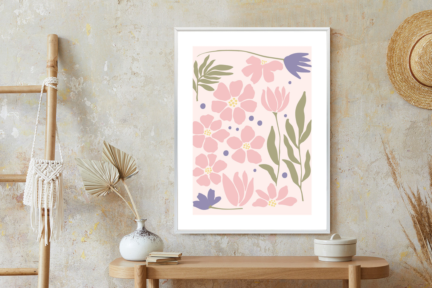 Poster Botanische Grafiken Mit Pastellblumen Rahmen Holz Mit Passepartout Farbe Natürlich