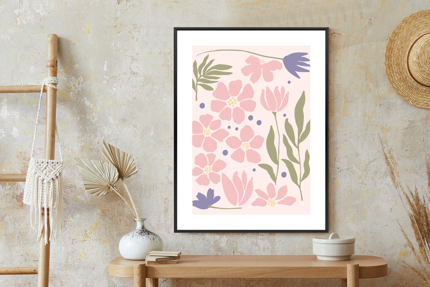 Poster Botanische Grafiken Mit Pastellblumen Rahmen Holz Mit Passepartout Farbe Natürlich