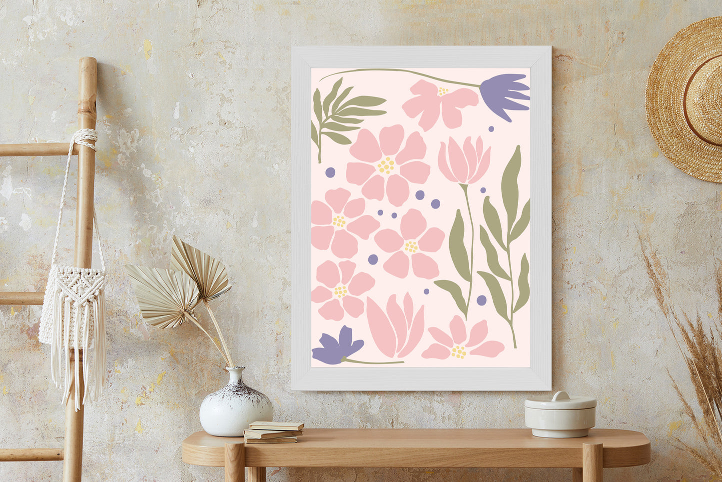 Poster Botanische Grafiken Mit Pastellblumen Rahmen Holz Mit Passepartout Farbe Natürlich