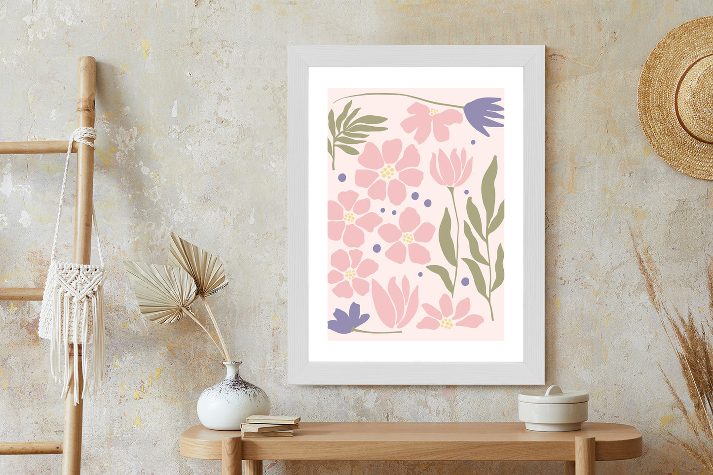 Poster Botanische Grafiken Mit Pastellblumen Rahmen Holz Mit Passepartout Farbe Natürlich