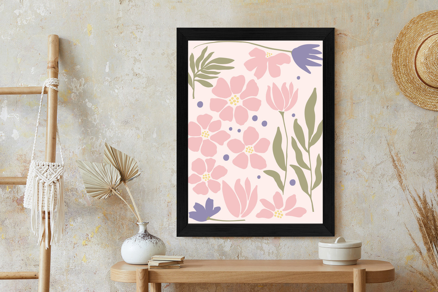 Poster Botanische Grafiken Mit Pastellblumen Rahmen Holz Mit Passepartout Farbe Natürlich