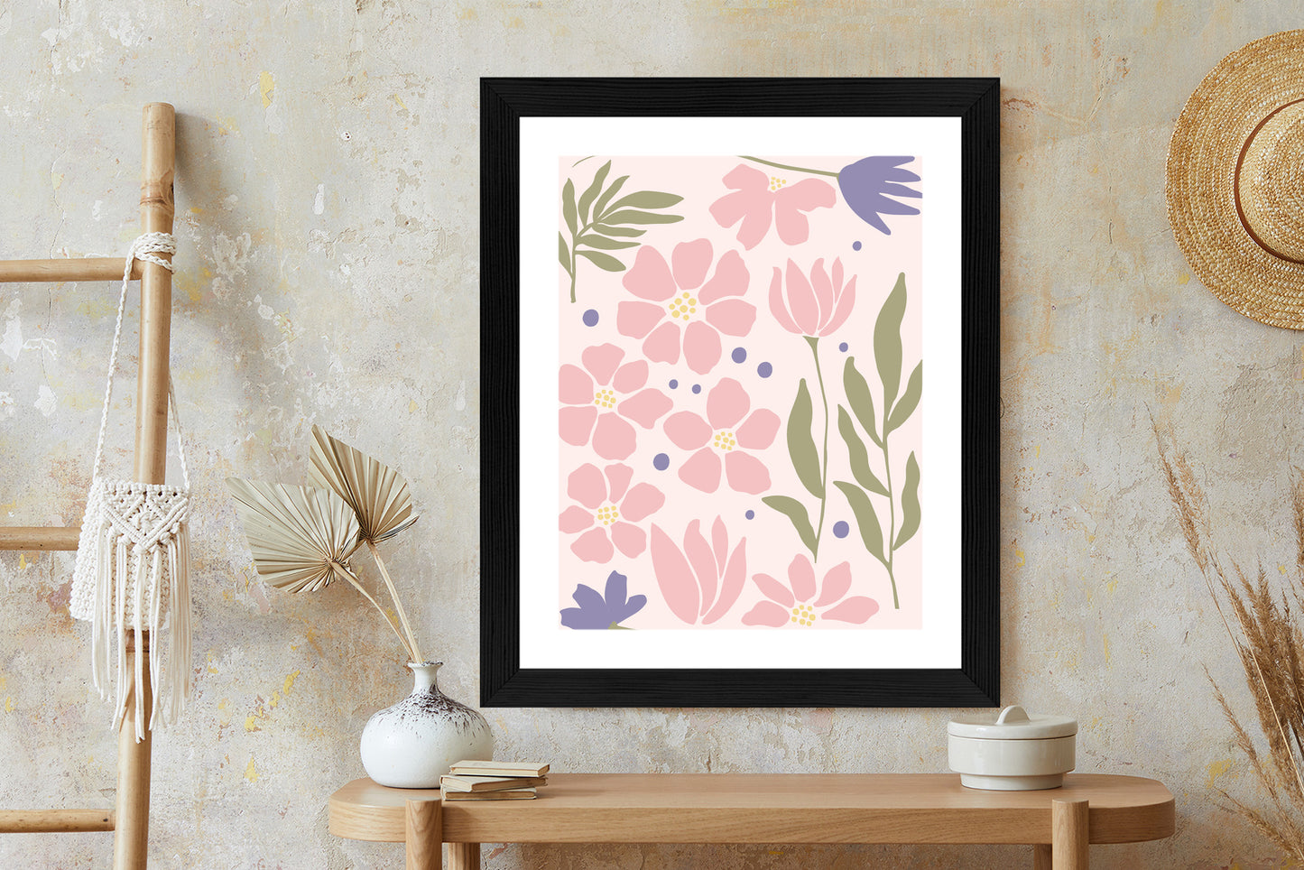 Poster Botanische Grafiken Mit Pastellblumen Rahmen Holz Mit Passepartout Farbe Natürlich