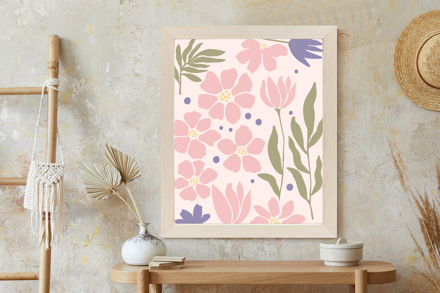 Poster Botanische Grafiken Mit Pastellblumen Rahmen Holz Mit Passepartout Farbe Natürlich