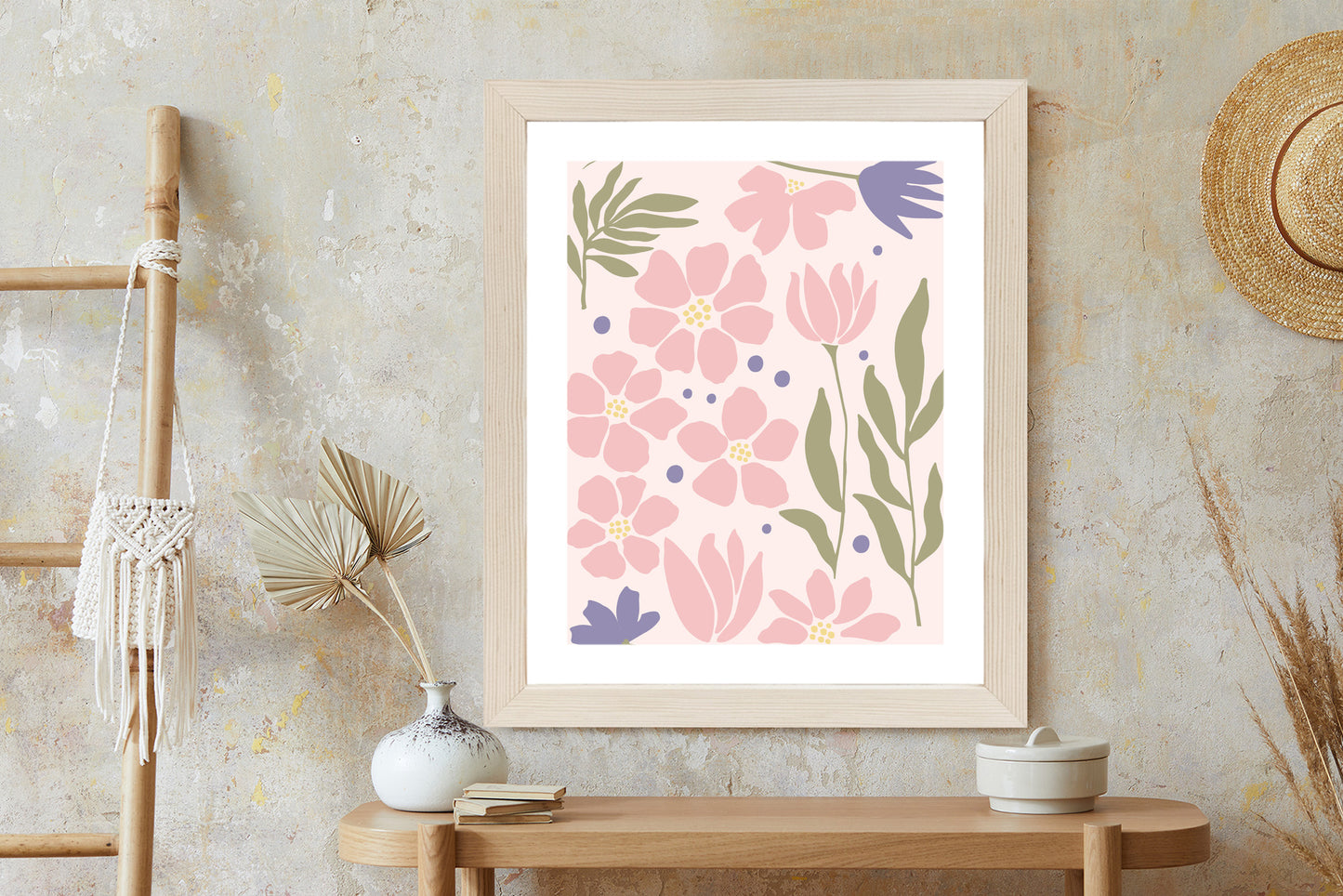 Poster Botanische Grafiken Mit Pastellblumen Rahmen Holz Mit Passepartout Farbe Natürlich
