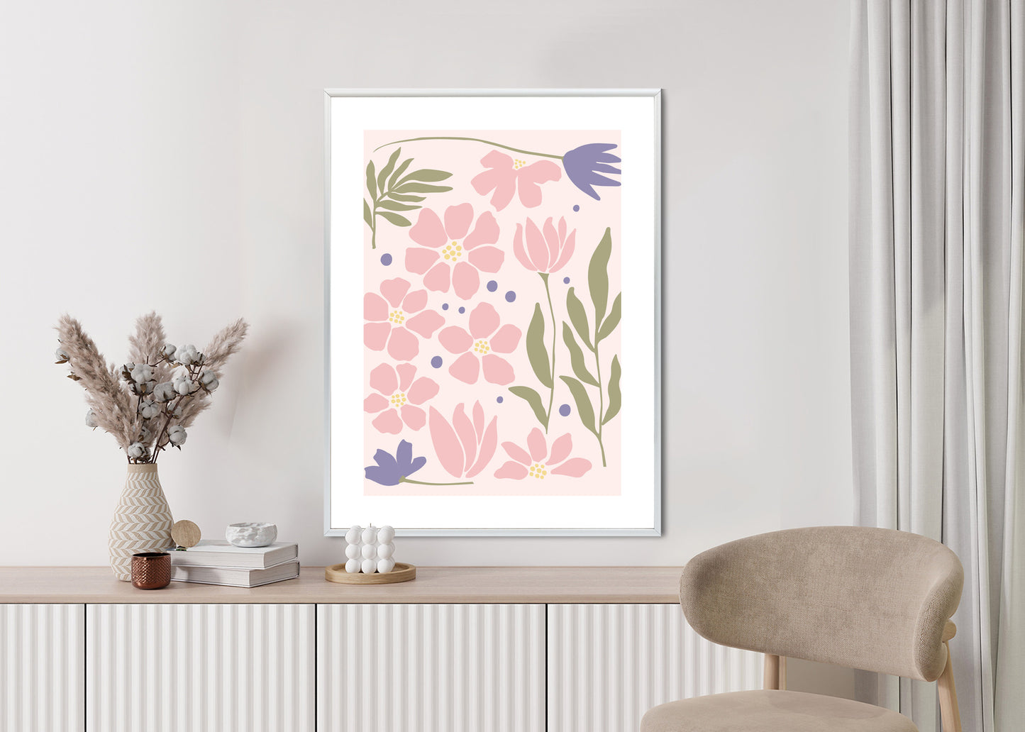 Poster Botanische Grafiken Mit Pastellblumen Rahmen Holz Mit Passepartout Farbe Natürlich