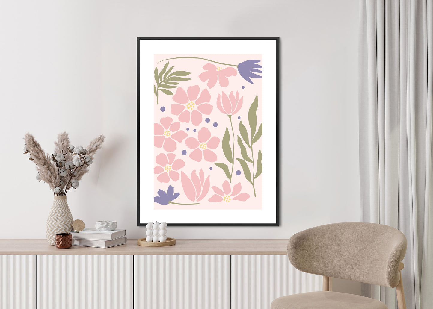 Poster Botanische Grafiken Mit Pastellblumen Rahmen Holz Mit Passepartout Farbe Natürlich