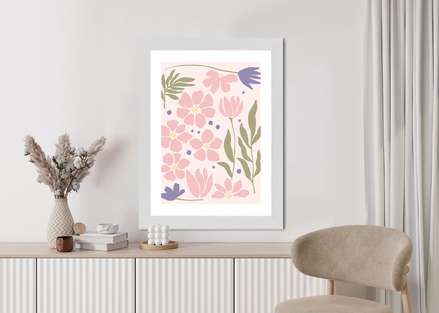 Poster Botanische Grafiken Mit Pastellblumen Rahmen Holz Mit Passepartout Farbe Natürlich