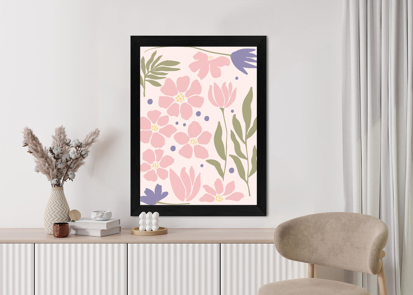Poster Botanische Grafiken Mit Pastellblumen Rahmen Holz Mit Passepartout Farbe Natürlich