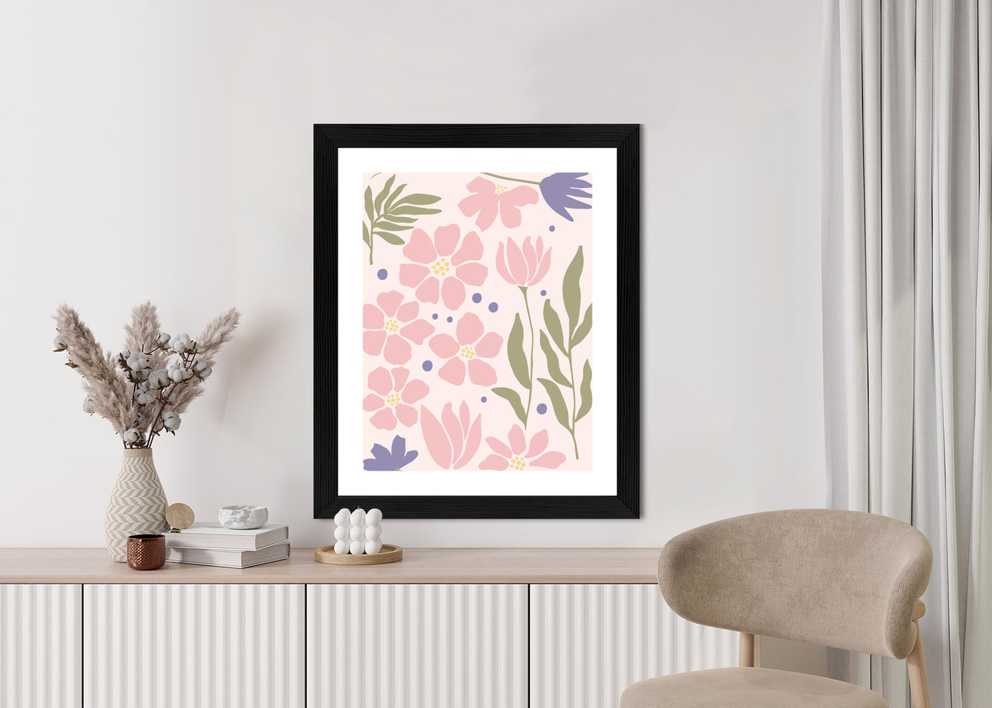 Poster Botanische Grafiken Mit Pastellblumen Rahmen Holz Mit Passepartout Farbe Natürlich