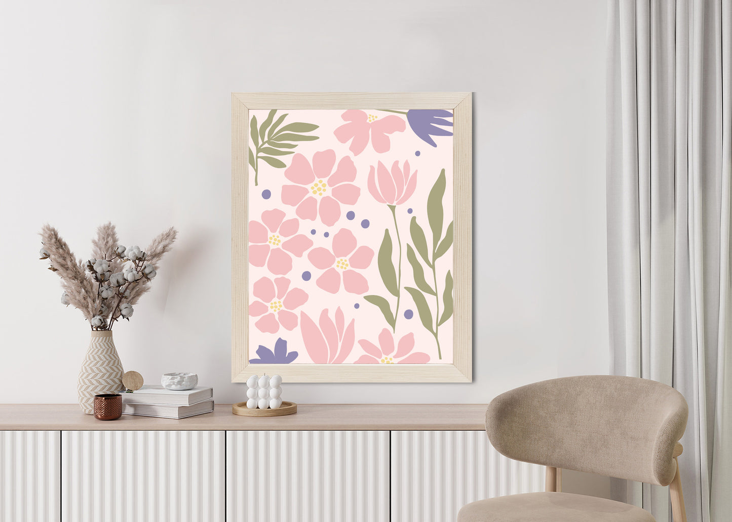 Poster Botanische Grafiken Mit Pastellblumen Rahmen Holz Mit Passepartout Farbe Natürlich