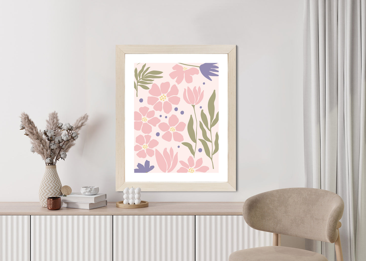 Poster Botanische Grafiken Mit Pastellblumen Rahmen Holz Mit Passepartout Farbe Natürlich