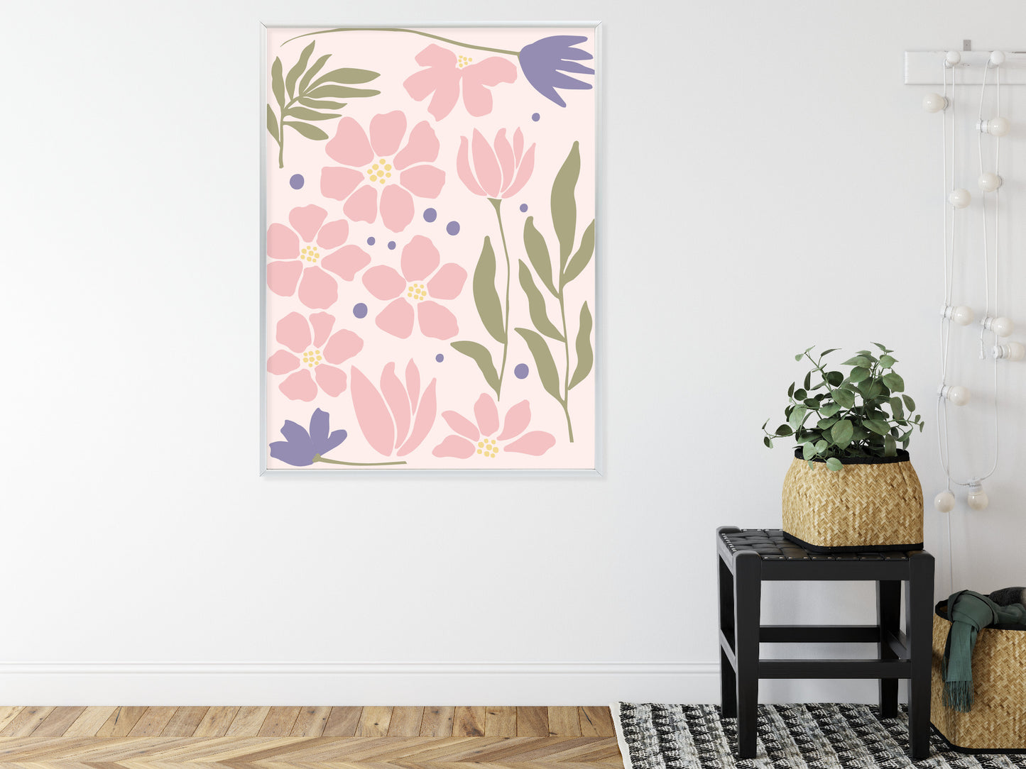 Poster Botanische Grafiken Mit Pastellblumen Rahmen Holz Mit Passepartout Farbe Natürlich