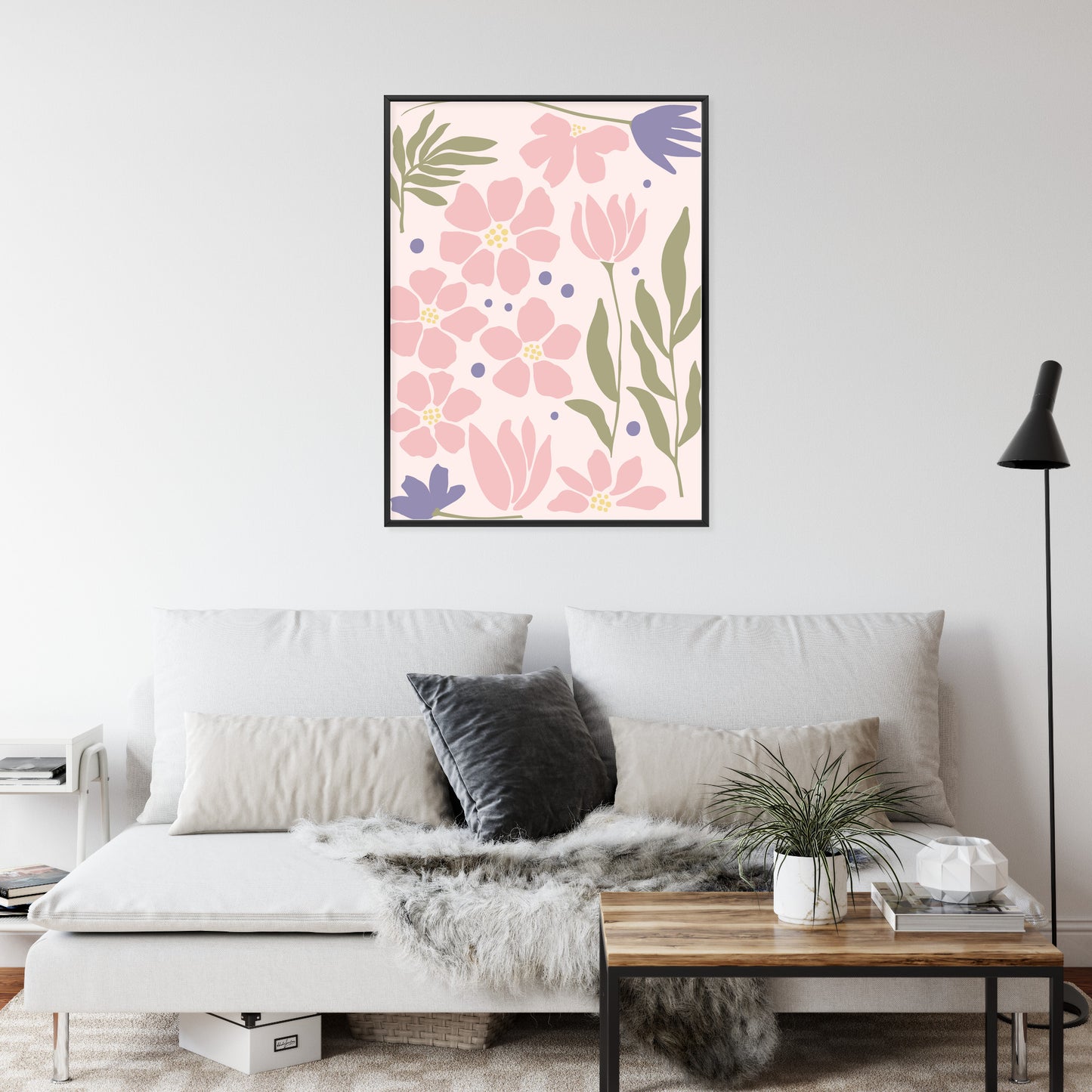 Poster Botanische Grafiken Mit Pastellblumen Rahmen Holz Mit Passepartout Farbe Natürlich
