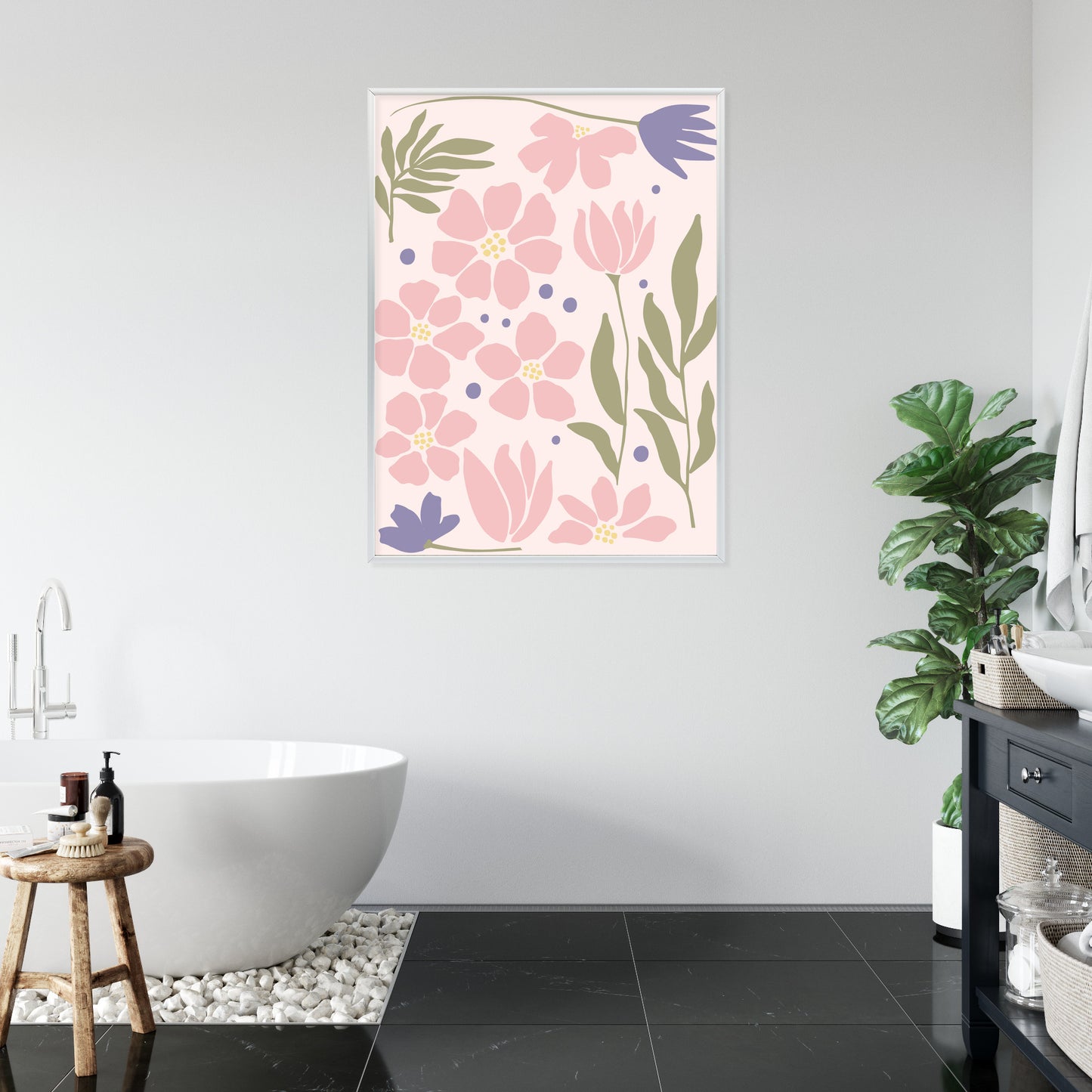 Poster Botanische Grafiken Mit Pastellblumen Rahmen Holz Mit Passepartout Farbe Natürlich