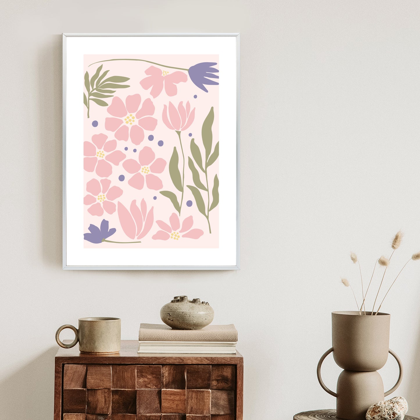 Poster Botanische Grafiken Mit Pastellblumen Rahmen Holz Mit Passepartout Farbe Natürlich