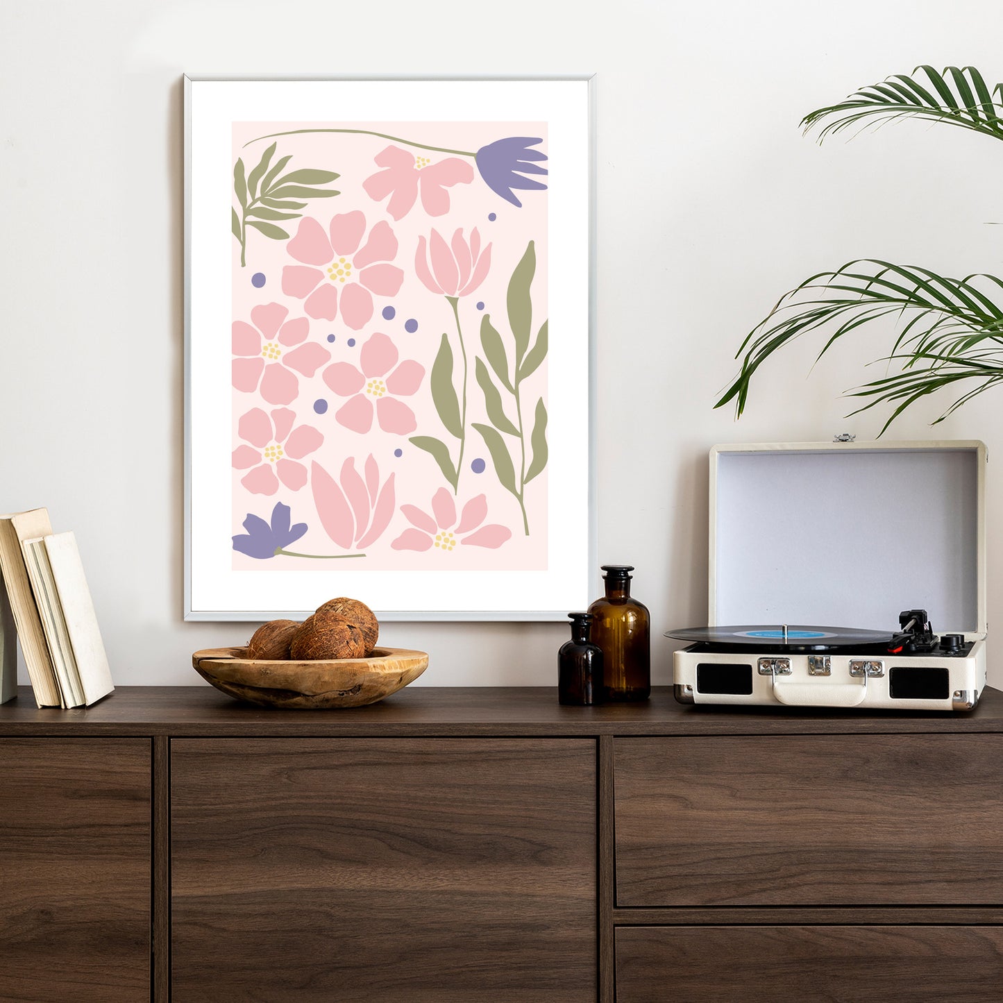 Poster Botanische Grafiken Mit Pastellblumen Rahmen Holz Mit Passepartout Farbe Natürlich