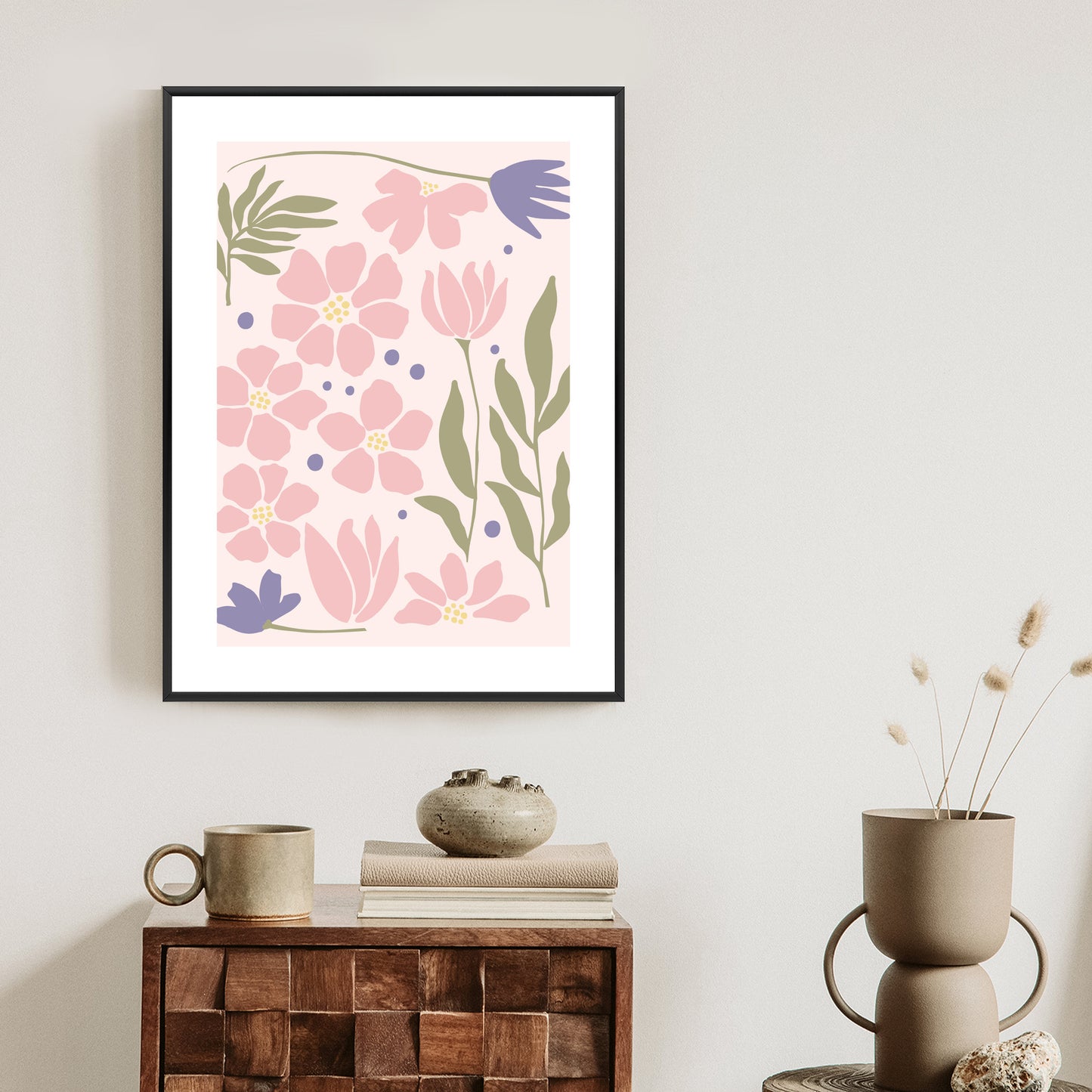 Poster Botanische Grafiken Mit Pastellblumen Rahmen Holz Mit Passepartout Farbe Natürlich