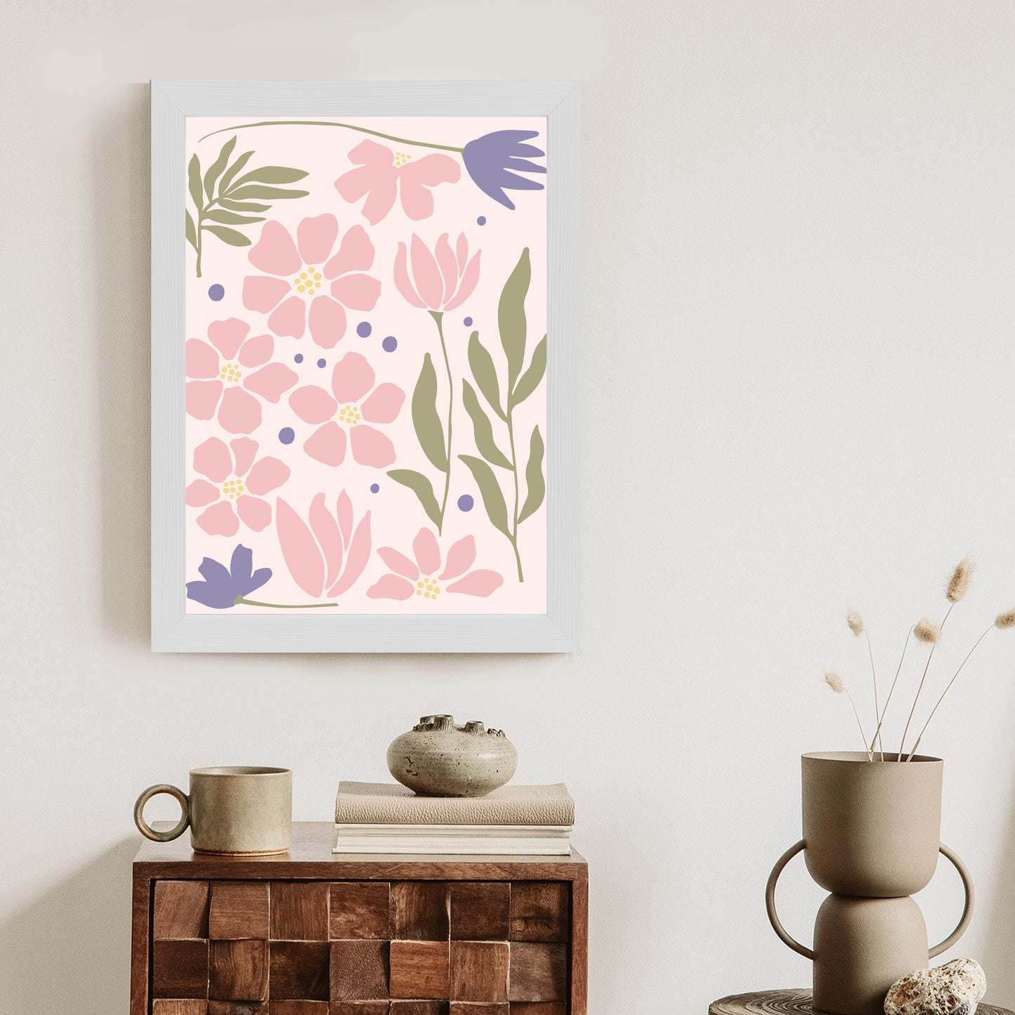 Poster Botanische Grafiken Mit Pastellblumen Rahmen Holz Mit Passepartout Farbe Natürlich