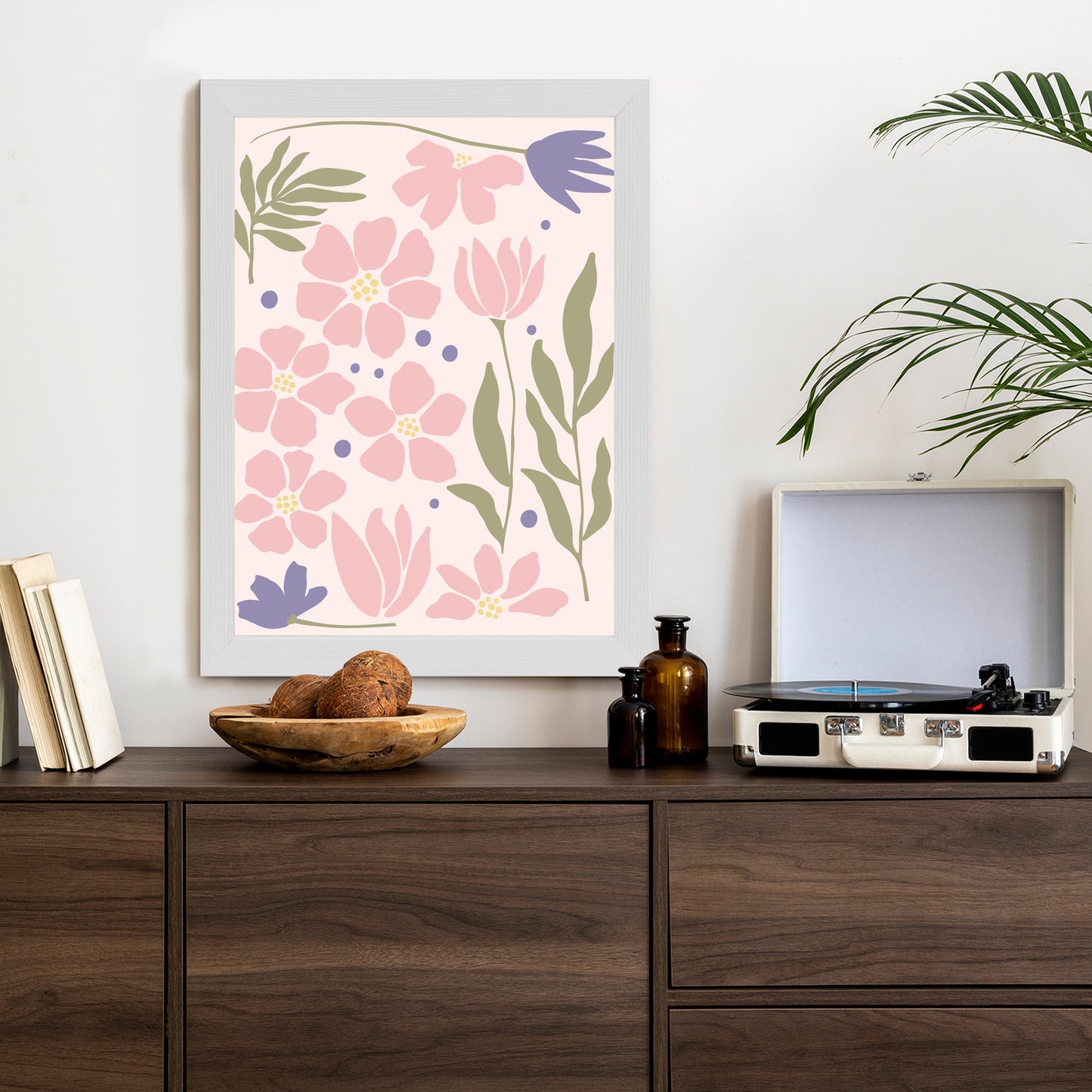Poster Botanische Grafiken Mit Pastellblumen Rahmen Holz Mit Passepartout Farbe Natürlich