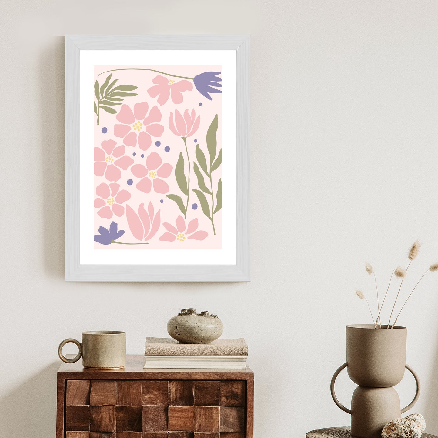 Poster Botanische Grafiken Mit Pastellblumen Rahmen Holz Mit Passepartout Farbe Natürlich
