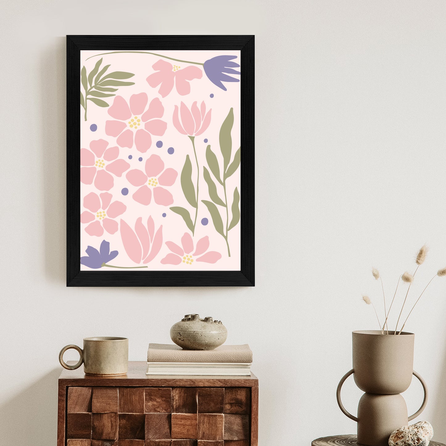 Poster Botanische Grafiken Mit Pastellblumen Rahmen Holz Mit Passepartout Farbe Natürlich