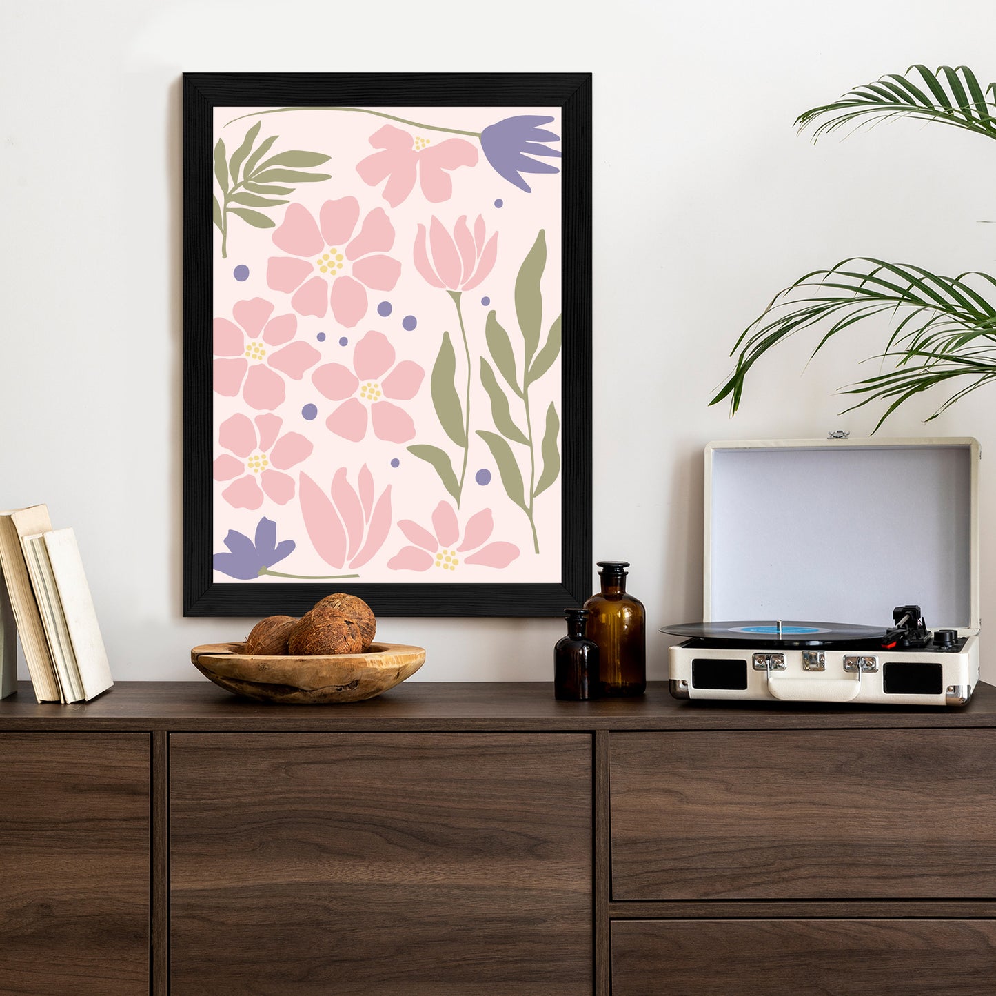 Poster Botanische Grafiken Mit Pastellblumen Rahmen Holz Mit Passepartout Farbe Natürlich
