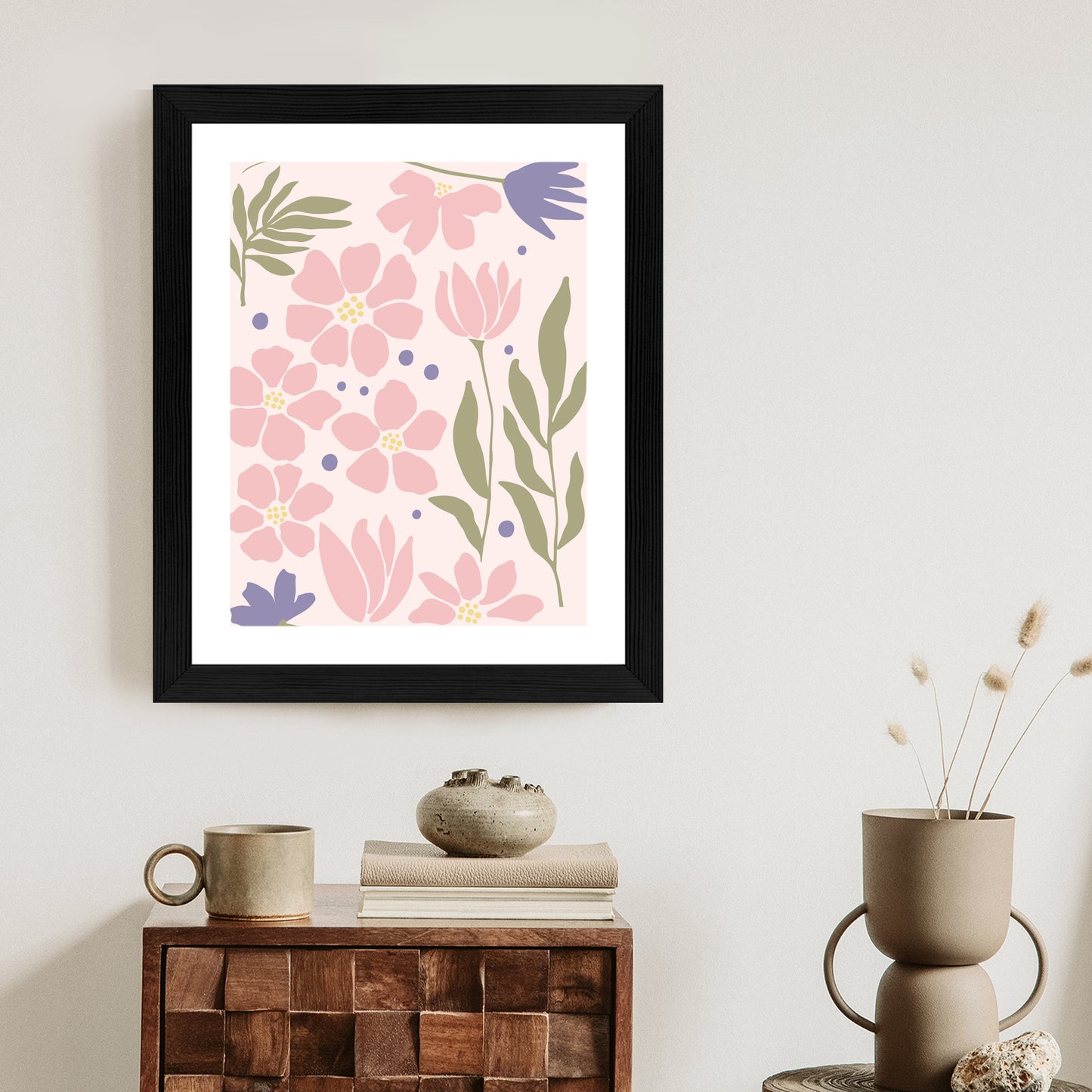 Poster Botanische Grafiken Mit Pastellblumen Rahmen Holz Mit Passepartout Farbe Natürlich