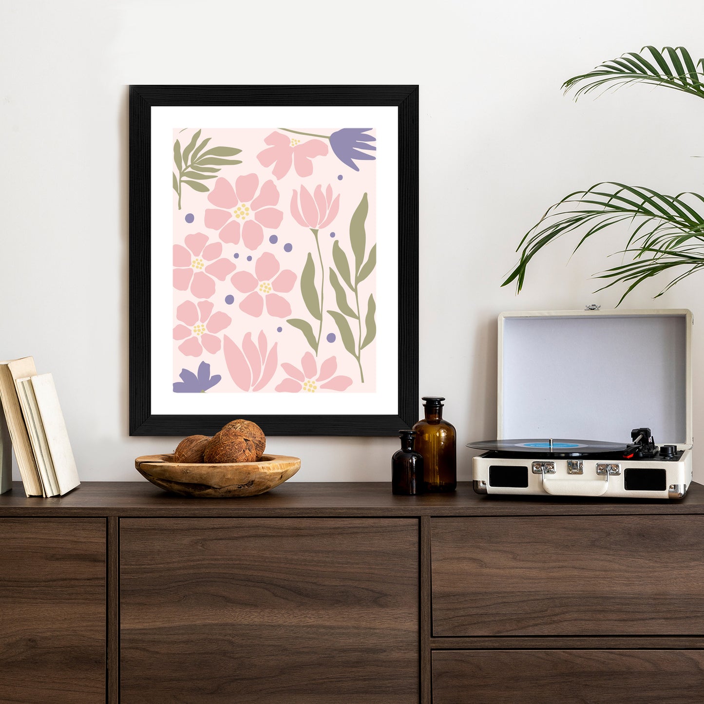 Poster Botanische Grafiken Mit Pastellblumen Rahmen Holz Mit Passepartout Farbe Natürlich