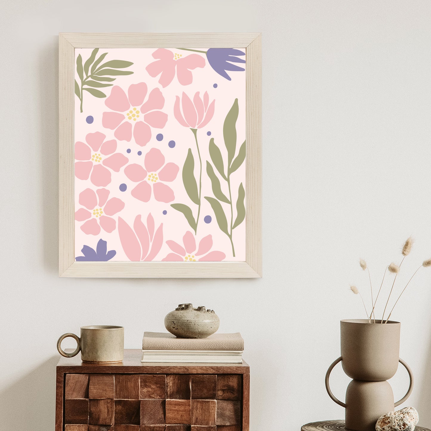 Poster Botanische Grafiken Mit Pastellblumen Rahmen Holz Mit Passepartout Farbe Natürlich