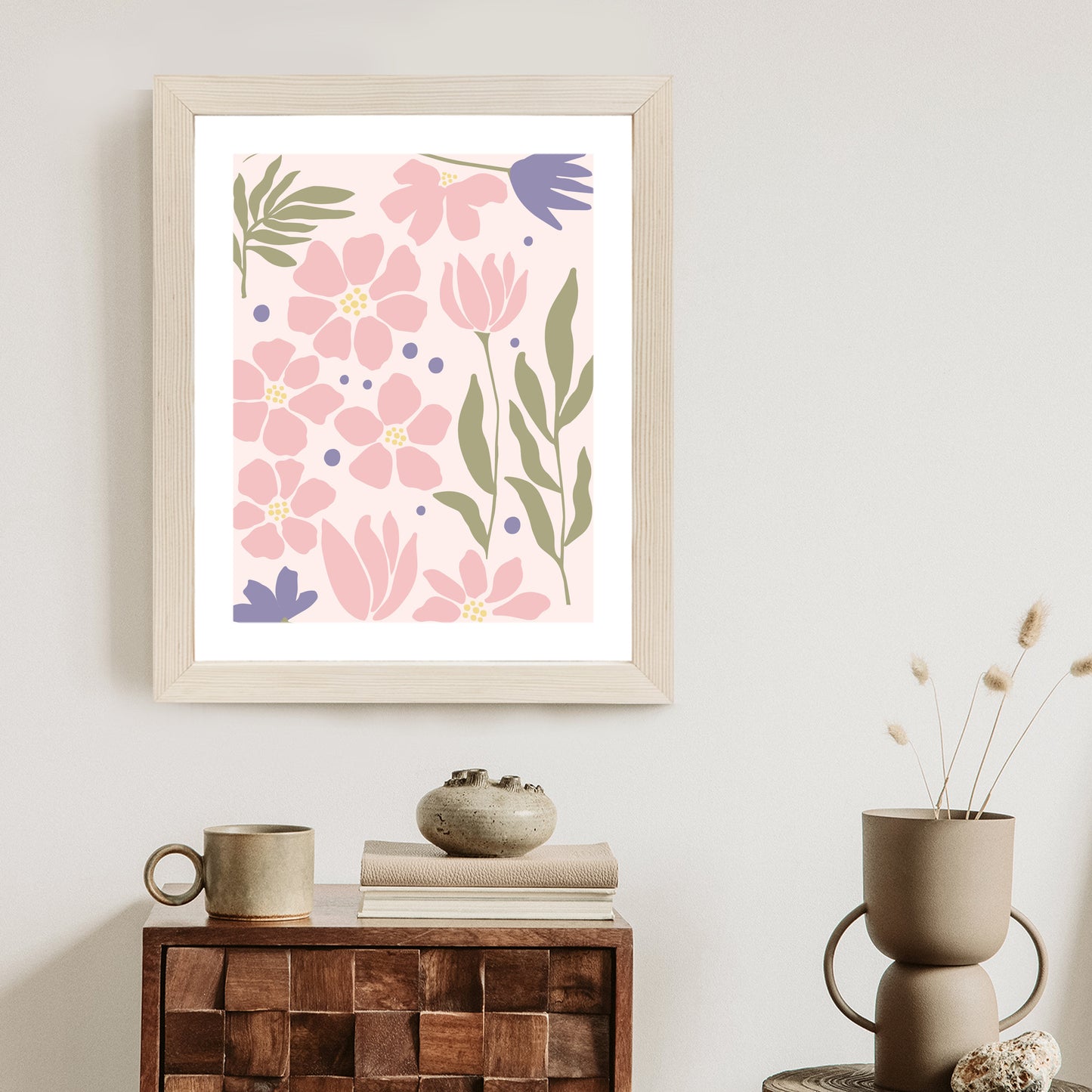 Poster Botanische Grafiken Mit Pastellblumen Rahmen Holz Mit Passepartout Farbe Natürlich