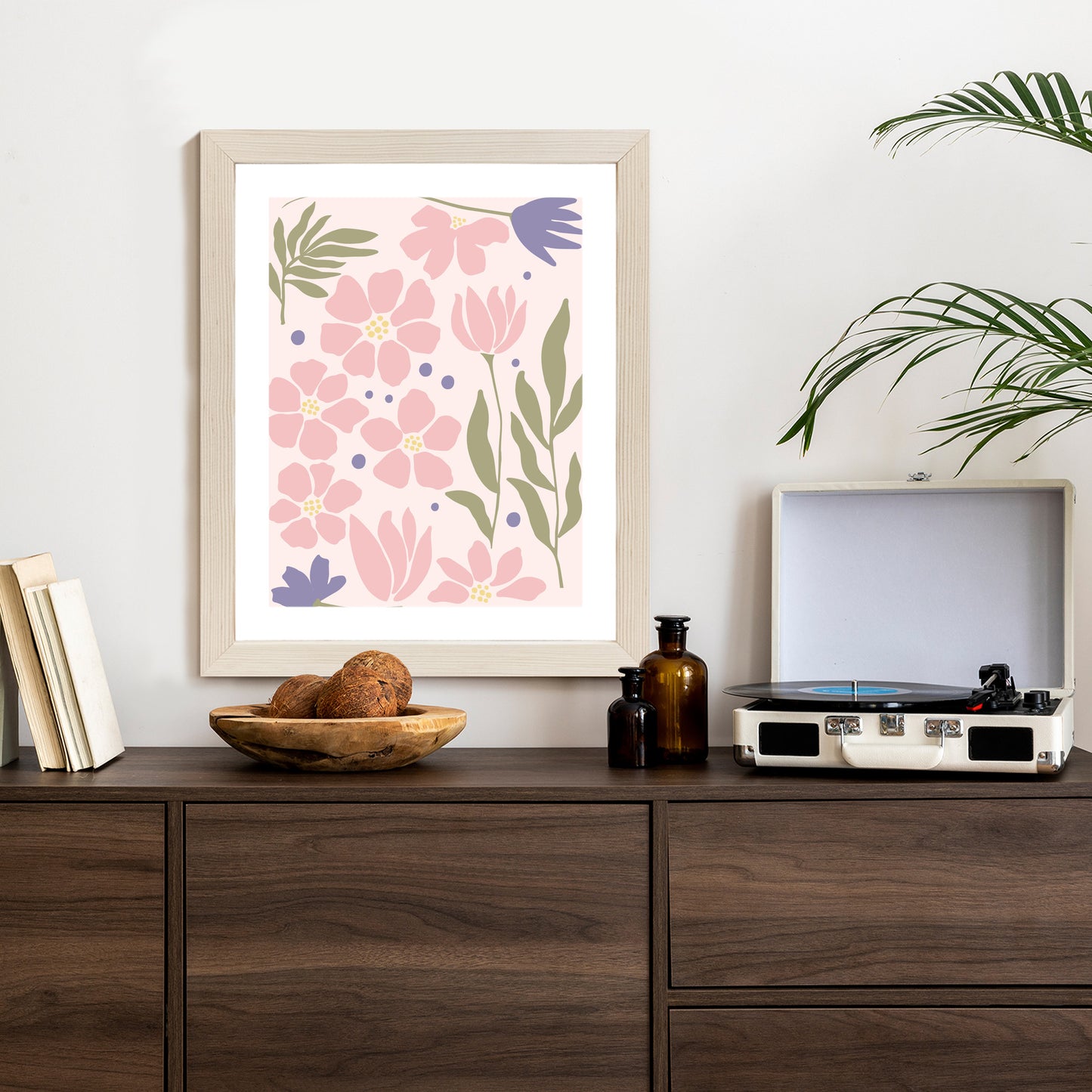 Poster Botanische Grafiken Mit Pastellblumen Rahmen Holz Mit Passepartout Farbe Natürlich