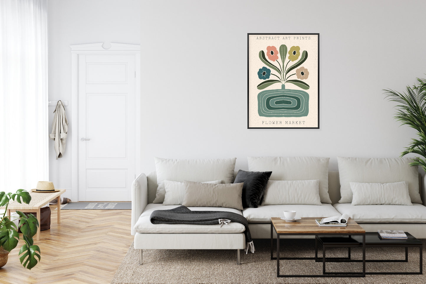 Poster Moderne Illustration Mit Einer Vase Voller Blumen Rahmen Holz Mit Passepartout Farbe Natürlich