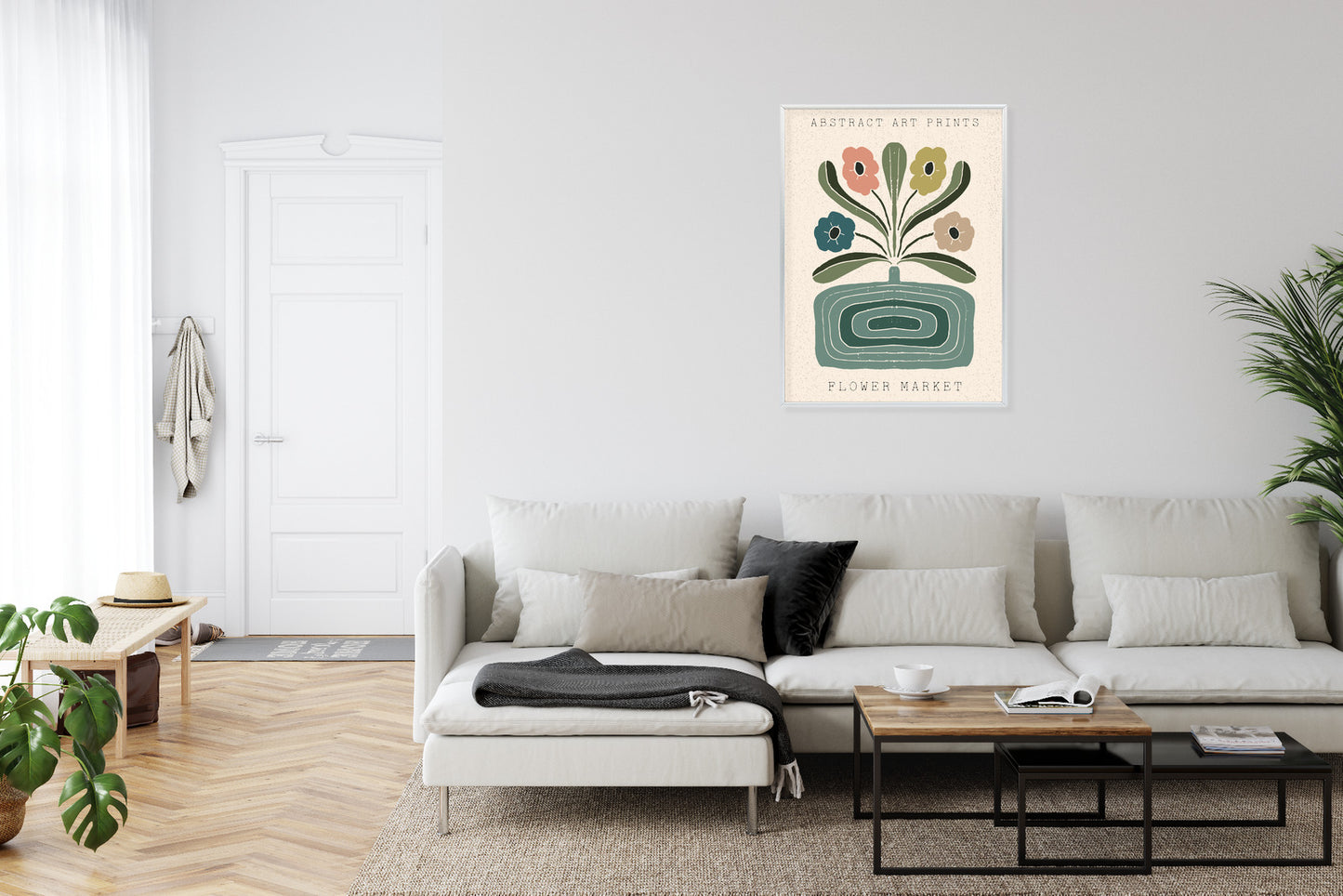 Poster Moderne Illustration Mit Einer Vase Voller Blumen Rahmen Holz Mit Passepartout Farbe Natürlich
