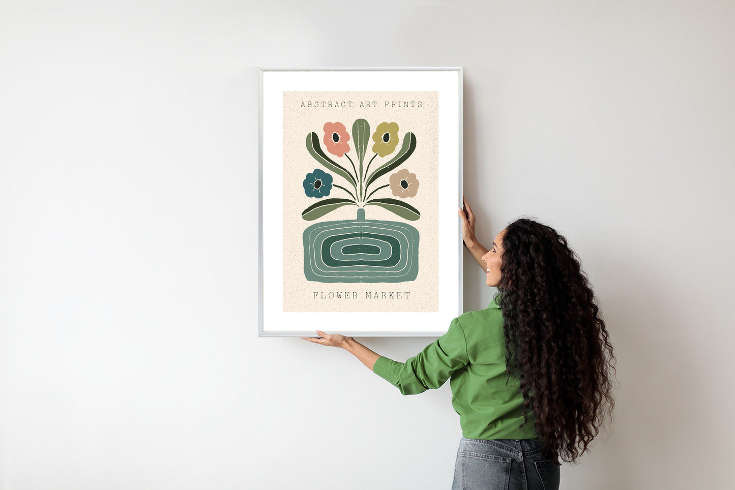 Poster Moderne Illustration Mit Einer Vase Voller Blumen Rahmen Holz Mit Passepartout Farbe Natürlich