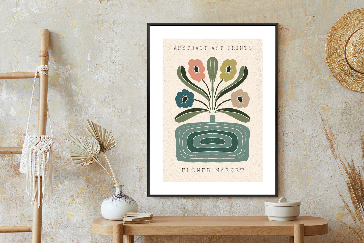 Poster Moderne Illustration Mit Einer Vase Voller Blumen Rahmen Holz Mit Passepartout Farbe Natürlich