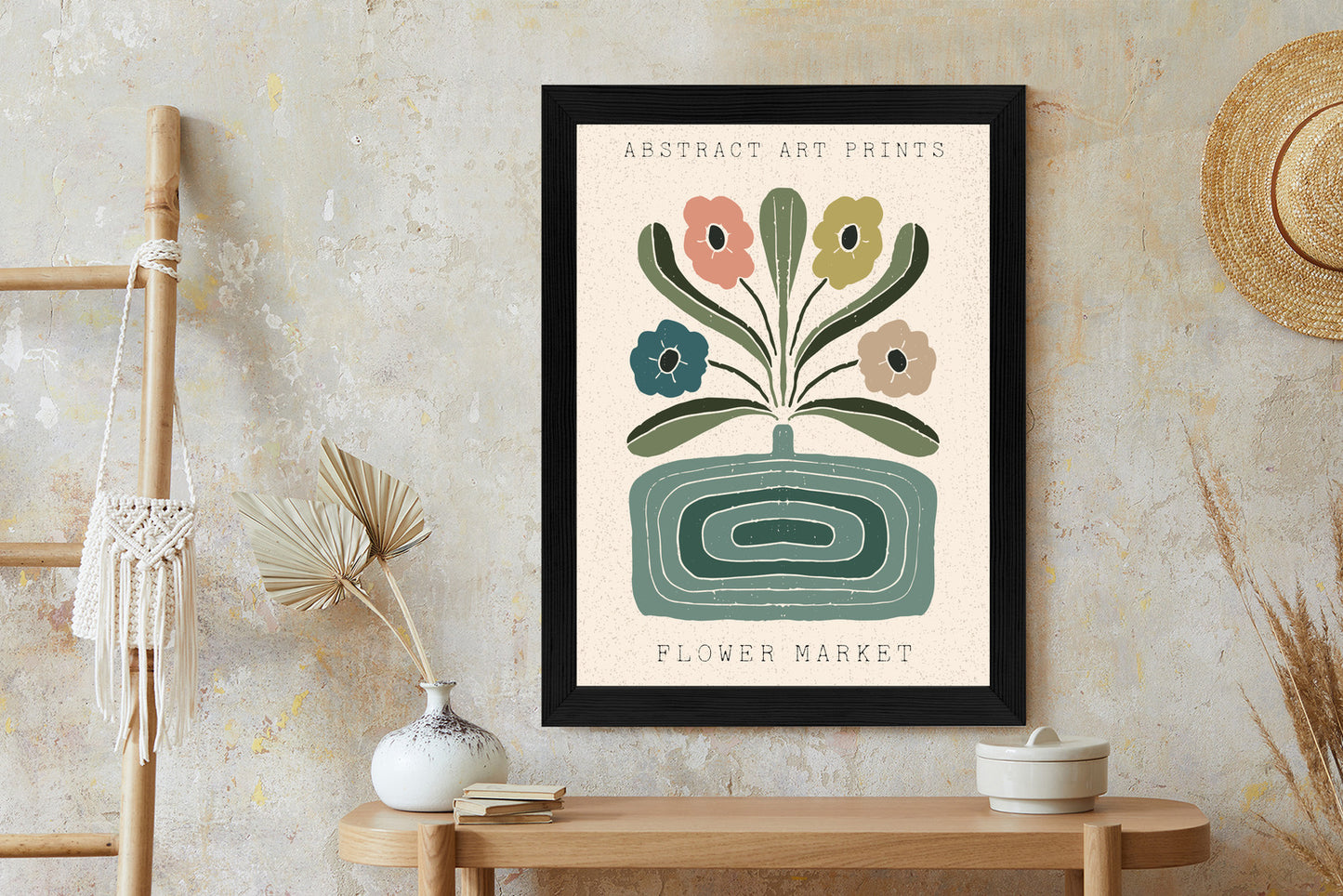 Poster Moderne Illustration Mit Einer Vase Voller Blumen Rahmen Holz Mit Passepartout Farbe Natürlich