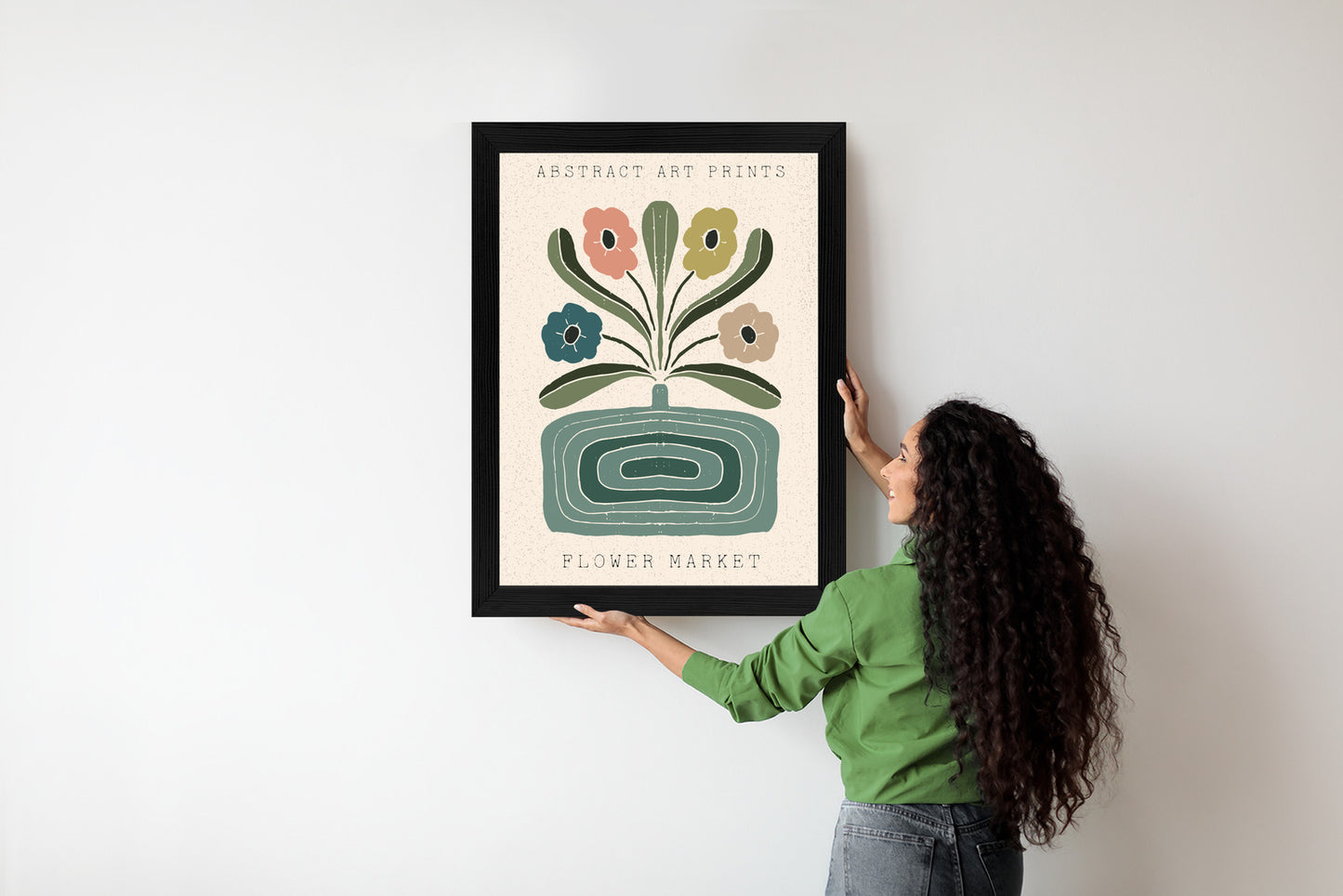 Poster Moderne Illustration Mit Einer Vase Voller Blumen Rahmen Holz Mit Passepartout Farbe Natürlich