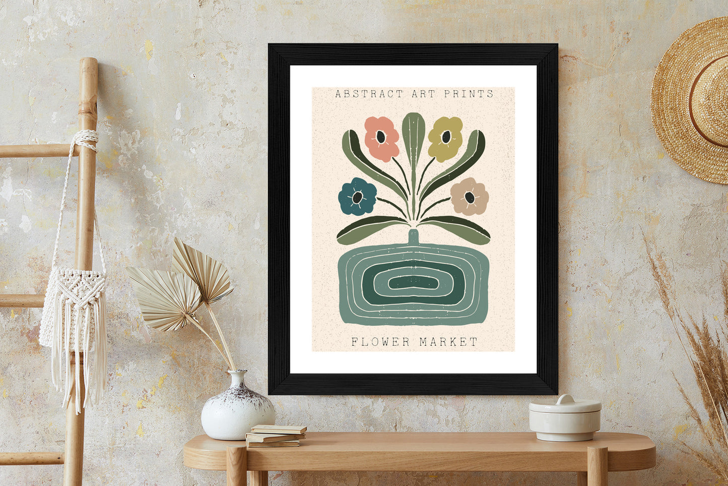Poster Moderne Illustration Mit Einer Vase Voller Blumen Rahmen Holz Mit Passepartout Farbe Natürlich