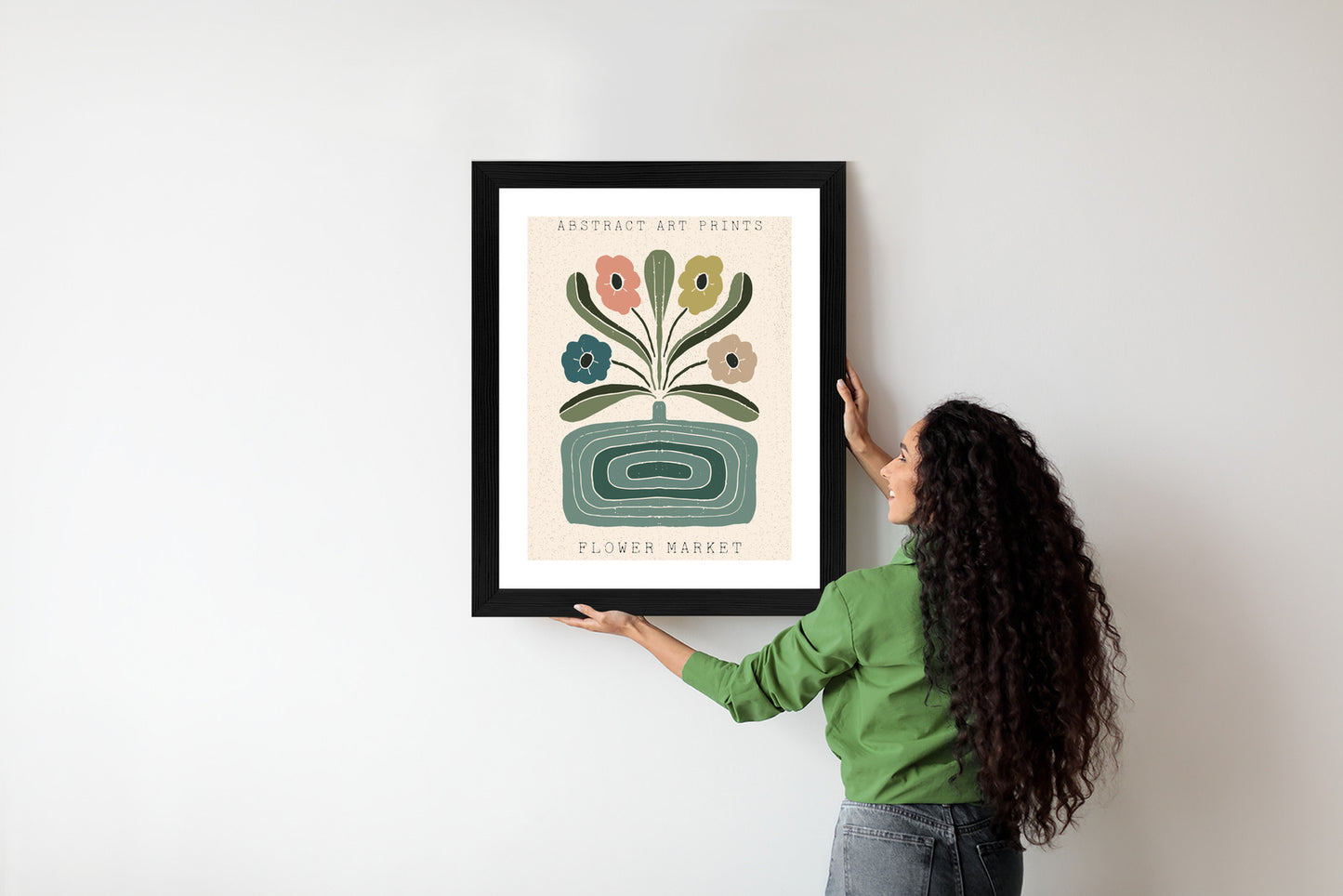Poster Moderne Illustration Mit Einer Vase Voller Blumen Rahmen Holz Mit Passepartout Farbe Natürlich