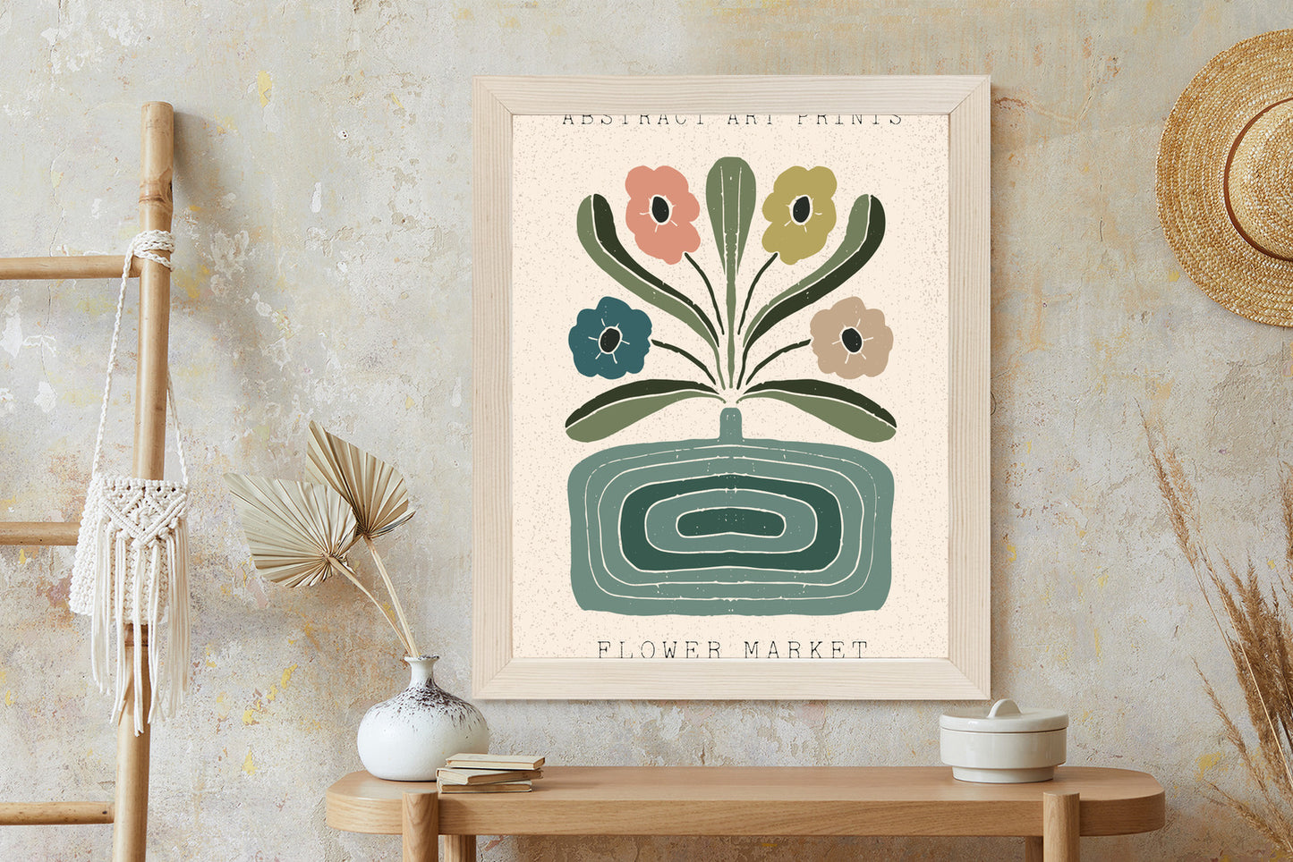 Poster Moderne Illustration Mit Einer Vase Voller Blumen Rahmen Holz Mit Passepartout Farbe Natürlich