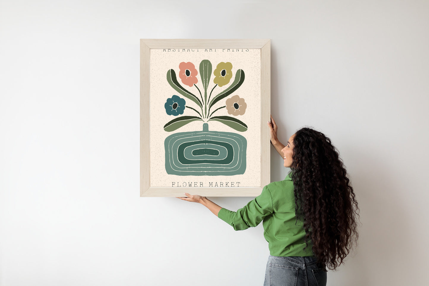 Poster Moderne Illustration Mit Einer Vase Voller Blumen Rahmen Holz Mit Passepartout Farbe Natürlich