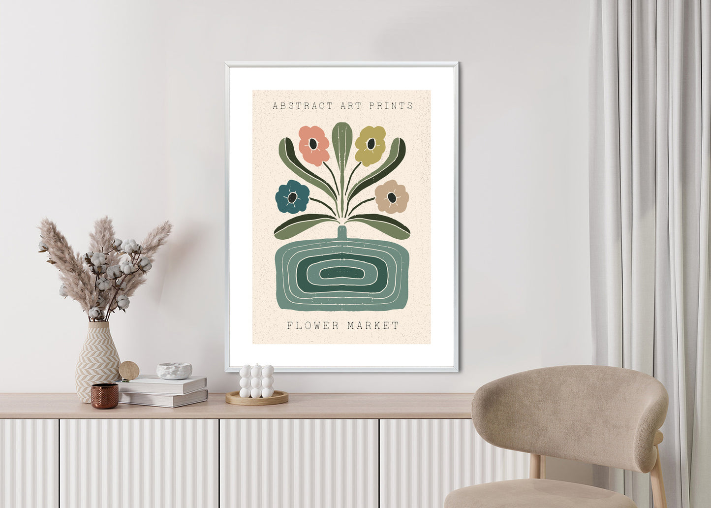 Poster Moderne Illustration Mit Einer Vase Voller Blumen Rahmen Holz Mit Passepartout Farbe Natürlich