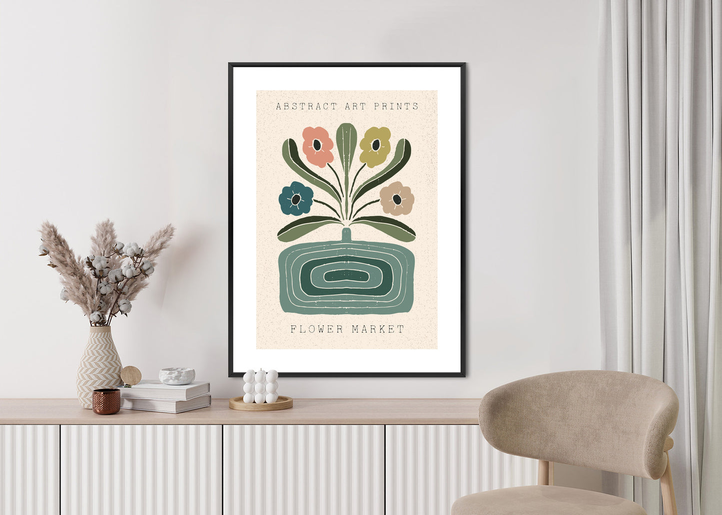 Poster Moderne Illustration Mit Einer Vase Voller Blumen Rahmen Holz Mit Passepartout Farbe Natürlich
